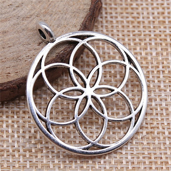 WYSIWYG 4pcs/lot Hollow Flower Of Life Charms Pendant Diy Metal Jewelry Making Antique Silver Color 30x35mm EF3949
