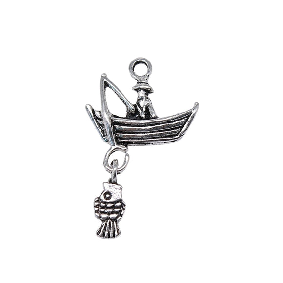 WYSIWYG 5pcs 29x18mm Fishing Boat With Fish Charms For Jewelry Making Antique Silver Color Charms