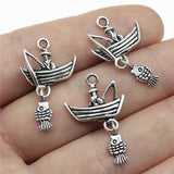 WYSIWYG 5pcs 29x18mm Fishing Boat With Fish Charms For Jewelry Making Antique Silver Color Charms