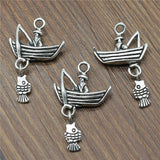 WYSIWYG 5pcs 29x18mm Fishing Boat With Fish Charms For Jewelry Making Antique Silver Color Charms