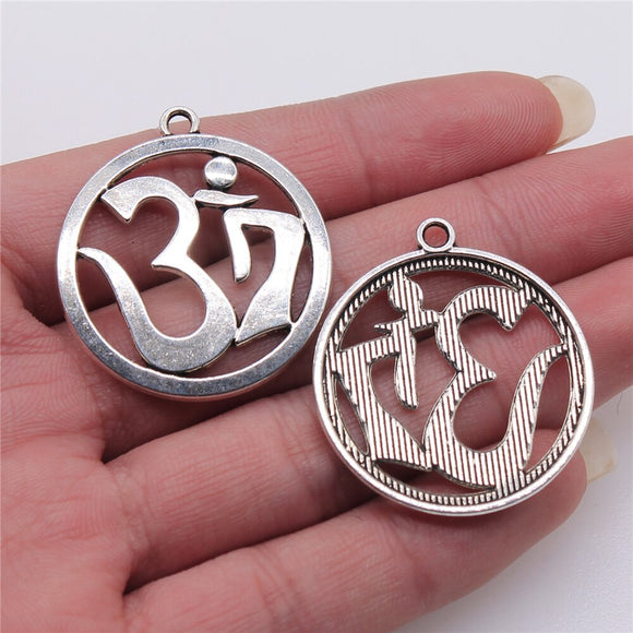 WYSIWYG 5pcs 32x36mm Round Om Symbol Pendant Charms Antique Silver Color For Jewelry Making Zinc Alloy Jewelry Findings