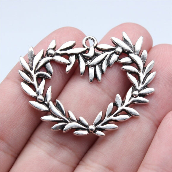 WYSIWYG 5pcs 33x43mm Antique Silver Color Heart Olive Branch Charms Pendant For DIY Jewelry Making
