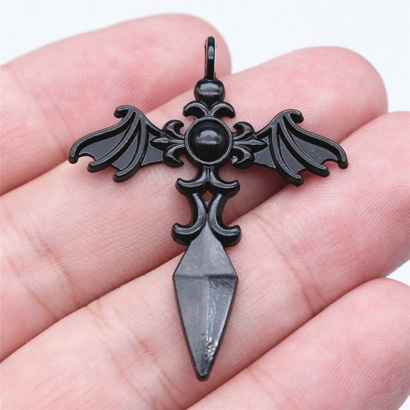 WYSIWYG 5pcs 34x44mm Black Color Gothic Wings Cross Charms Pendant For DIY Jewelry Making Handmade Jewelry Craft Findings