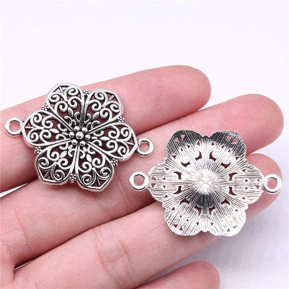 WYSIWYG 5pcs 40x28mm Flower Connector Charms Pendants For Jewelry Making 2 Colors Antique Silver Plated Antique Bronze Plated