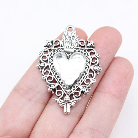 WYSIWYG 5pcs 41x29mm Antique Silver Color Gothic Skull Heart Charms For Jewelry Making