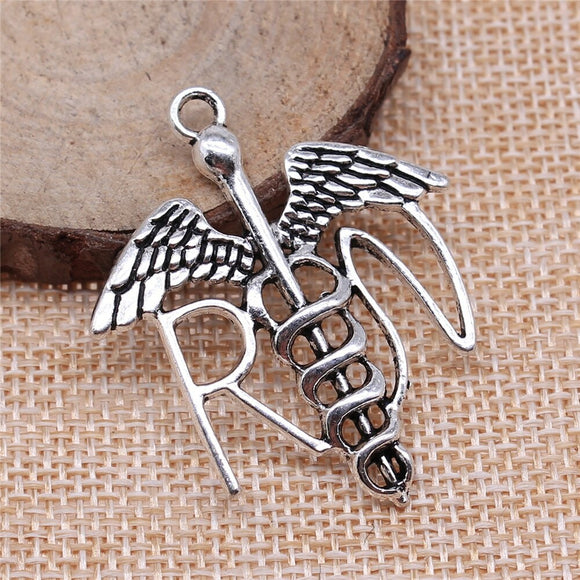 WYSIWYG 5pcs 44x37mm Rn Caduceus Medical Symbol Charms For Jewelry Making Antique Silver Color Charms Jewelry Accessories