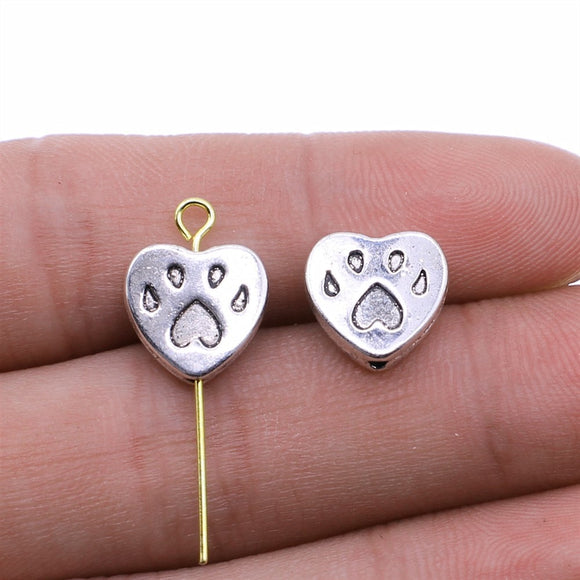 10pcs Paw Print Heart Spacer Beads For Jewelry Making 11x11mm Antique Silver Color Jewelry Accessories ef4429